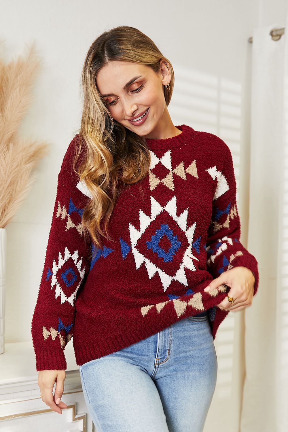 Burgundy HEYSON full-size Aztec soft fuzzy sweater by Trendsi, featuring a cozy, patterned knit design and relaxed fit.