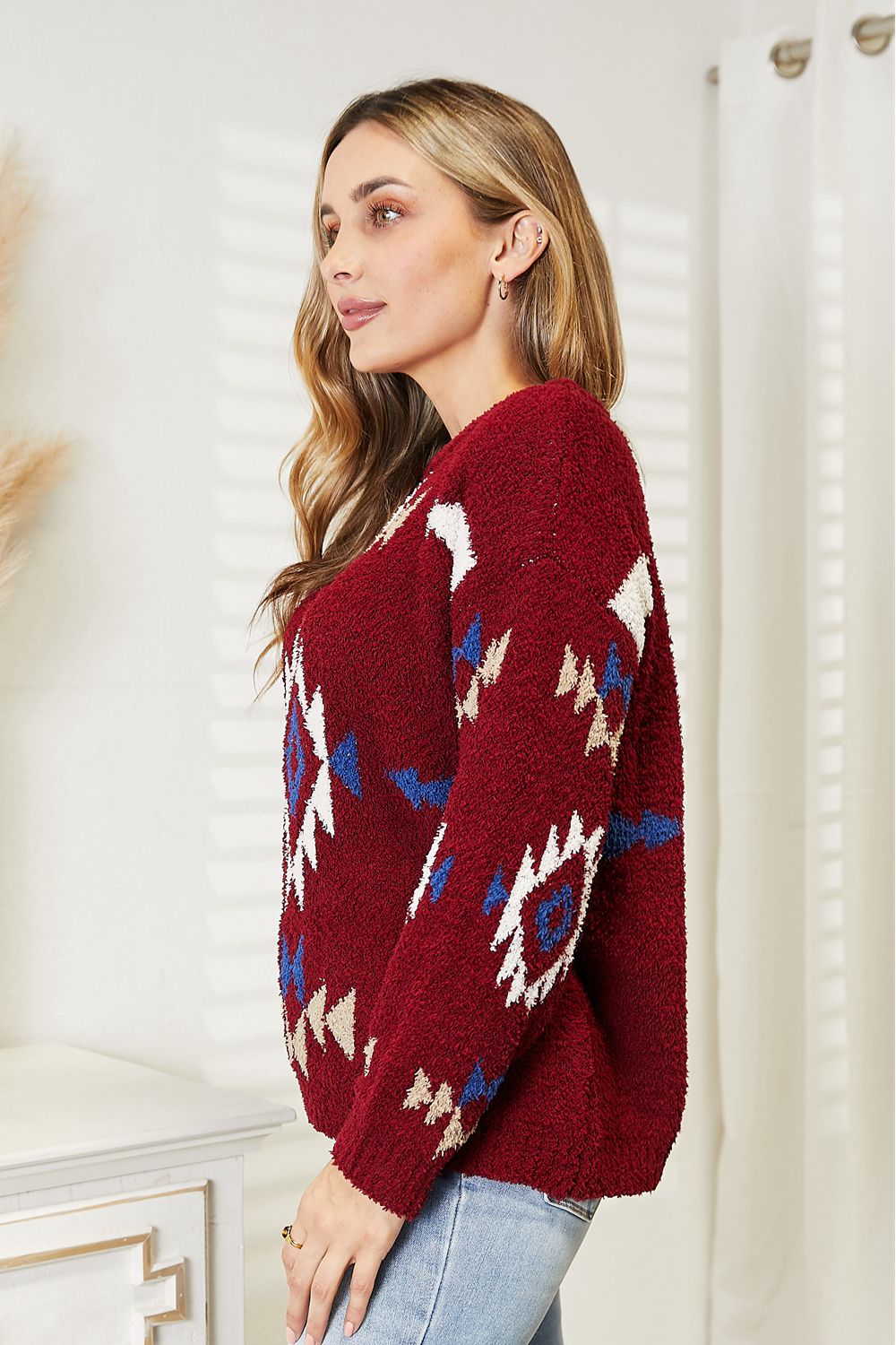 Burgundy HEYSON full size Aztec soft fuzzy sweater by Trendsi with cozy, patterned design and ribbed cuffs.