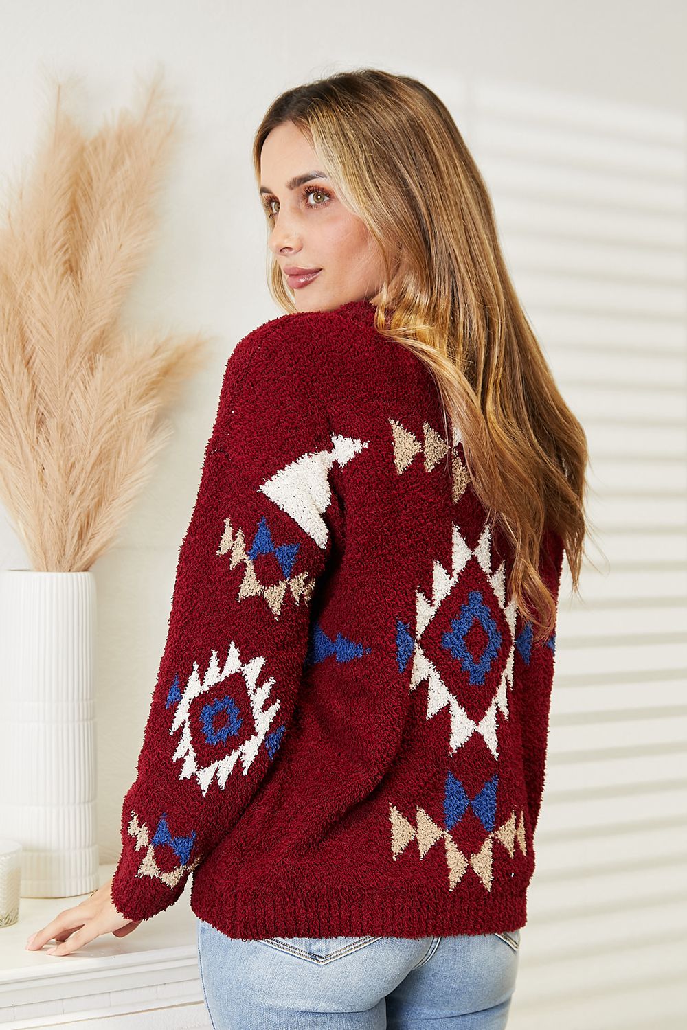 Burgundy HEYSON full-size Aztec soft fuzzy sweater by Trendsi, featuring cozy knit fabric and colorful Aztec pattern.