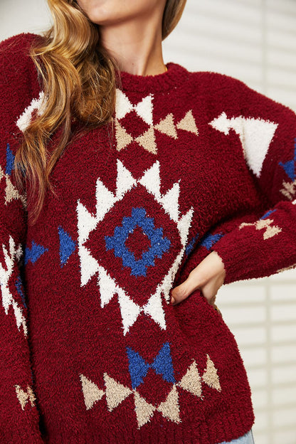 Burgundy HEYSON full-size Aztec soft fuzzy sweater by Trendsi featuring a cozy, patterned design and long sleeves.