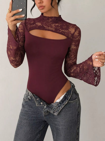 Burgundy lace cut-out flare sleeve bodysuit from Trendsi, featuring stylish design and fitted silhouette.