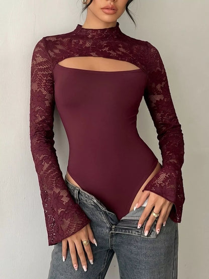 Burgundy lace cut-out flare sleeve bodysuit from Trendsi, featuring intricate lace details and stylish flare sleeves.