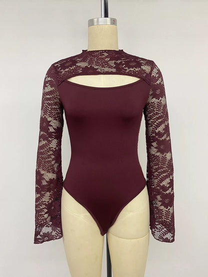 Burgundy lace cut-out flare sleeve bodysuit from Trendsi, featuring intricate lace details and stylish flare sleeves.