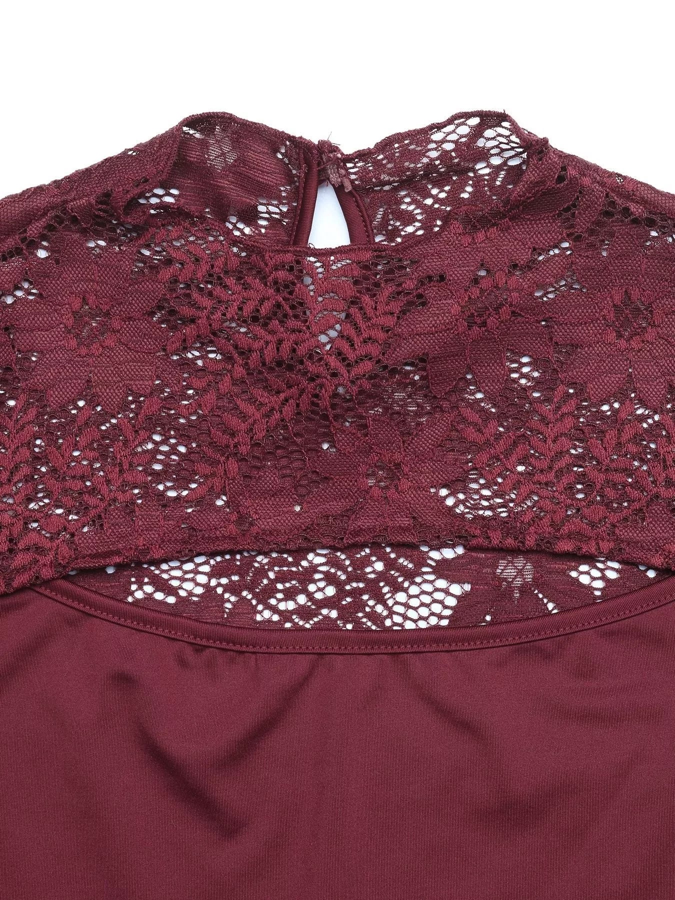 Burgundy lace cut-out flare sleeve bodysuit by Trendsi, featuring intricate lace details and stylish flare sleeves.