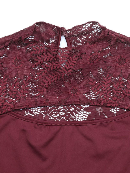Burgundy lace cut-out flare sleeve bodysuit by Trendsi, featuring intricate lace details and stylish flare sleeves.