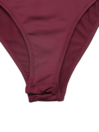Burgundy lace cut-out flare sleeve bodysuit by Trendsi, featuring intricate lace details and stylish flare sleeves.