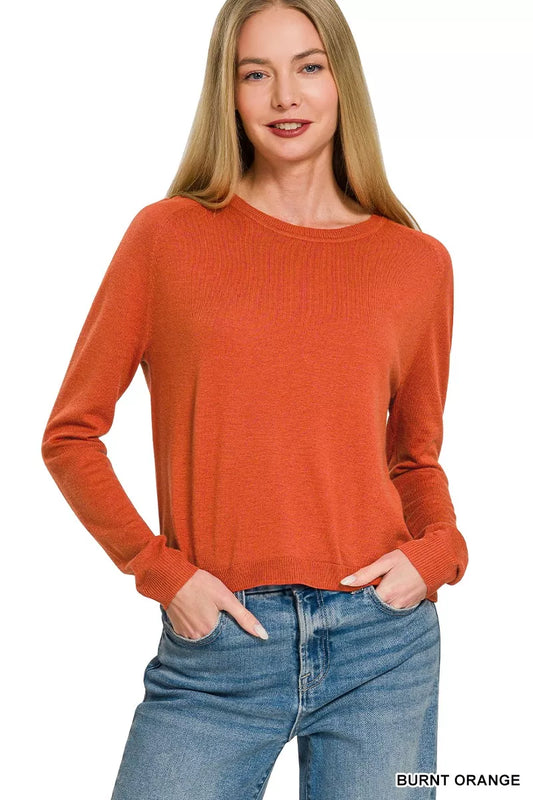 Burnt orange Zenana lightweight wool blend round neck sweater with long sleeves, casual and cozy for fall and winter.