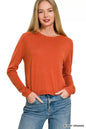 Burnt orange Zenana lightweight wool blend round neck sweater with long sleeves, casual and cozy for fall and winter.