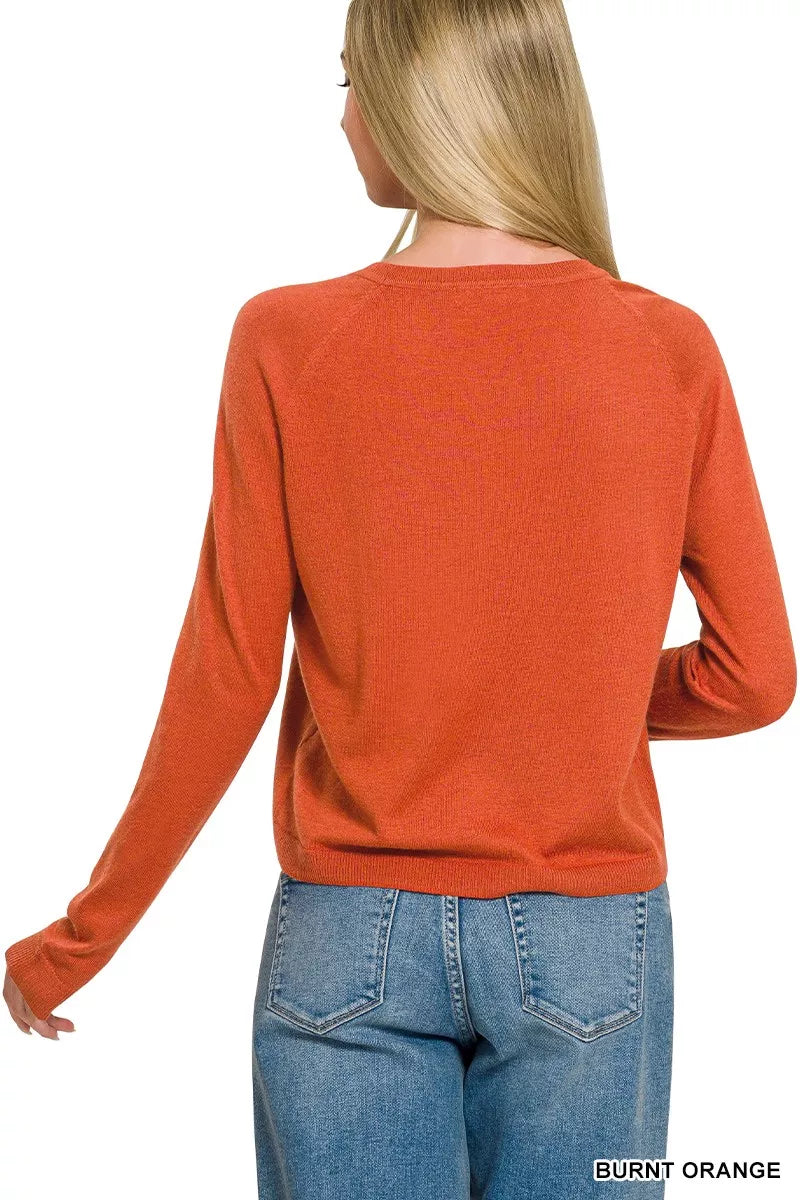 Burnt orange Zenana lightweight wool blend round neck sweater, casual fit, soft texture, long sleeves, stylish and comfortable.