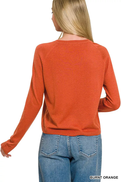 Burnt orange Zenana lightweight wool blend round neck sweater, casual fit, soft texture, long sleeves, stylish and comfortable.