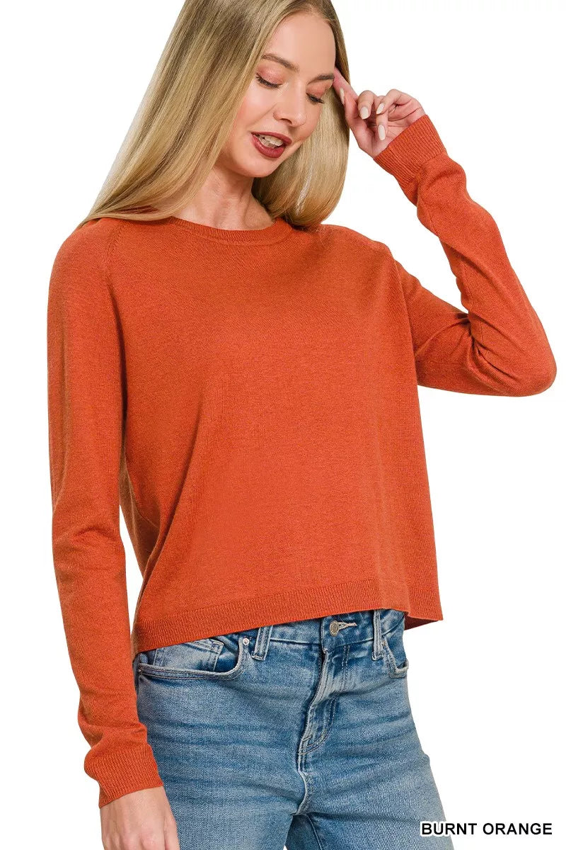 Burnt orange Zenana lightweight wool blend round neck sweater with long sleeves and ribbed cuffs, casual and cozy style.