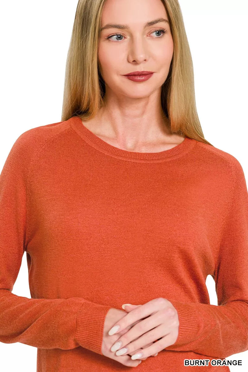 Burnt orange Zenana lightweight wool blend round neck sweater, casual cozy knit for women.