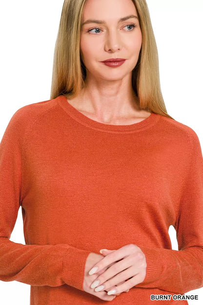 Burnt orange Zenana lightweight wool blend round neck sweater, casual cozy knit for women.