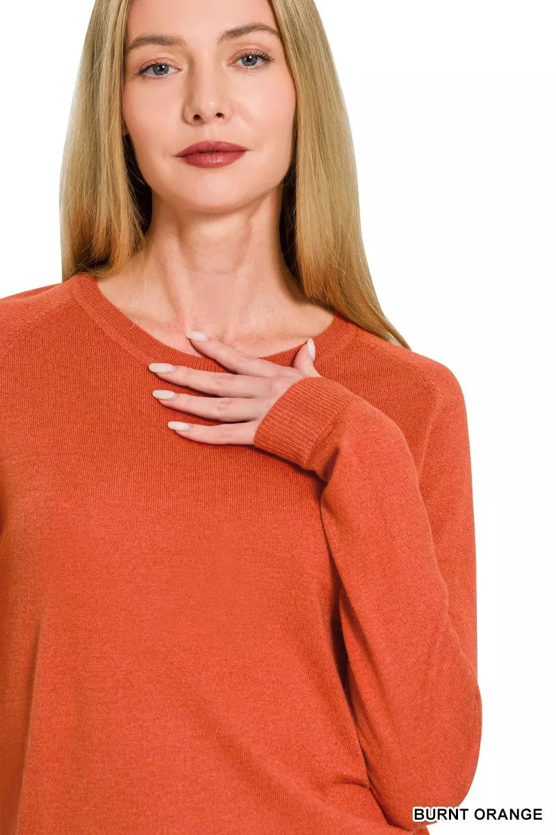 Burnt orange Zenana lightweight wool blend round neck sweater with long sleeves, casual and cozy for fall and winter wear.