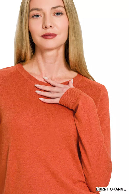 Burnt orange Zenana lightweight wool blend round neck sweater with long sleeves, casual and cozy for fall and winter wear.