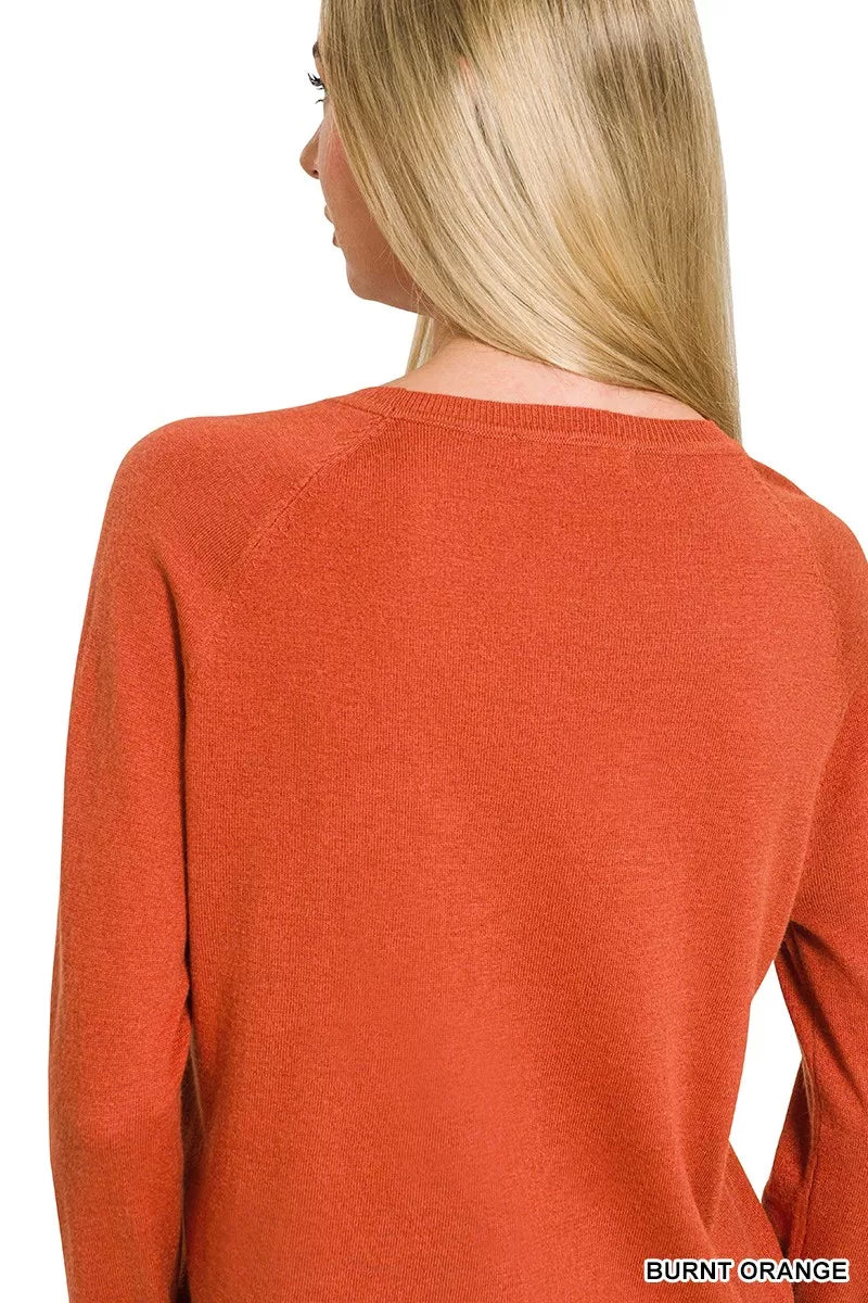 Burnt orange Zenana lightweight wool blend round neck sweater, stylish and cozy for casual wear.