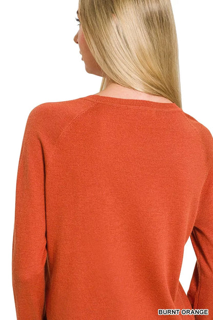 Burnt orange Zenana lightweight wool blend round neck sweater, stylish and cozy for casual wear.