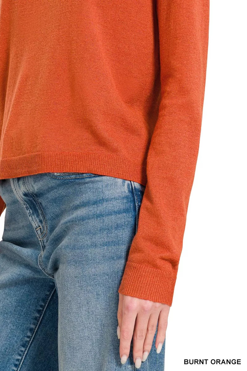 Burnt orange Zenana lightweight wool blend round neck sweater with long sleeves and ribbed cuffs, casual and cozy for everyday wear.