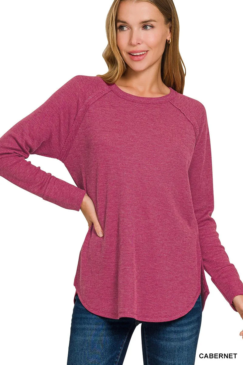 Pink Zenana baby waffle long sleeve top with a cozy, textured fabric and round neckline, perfect for casual wear.