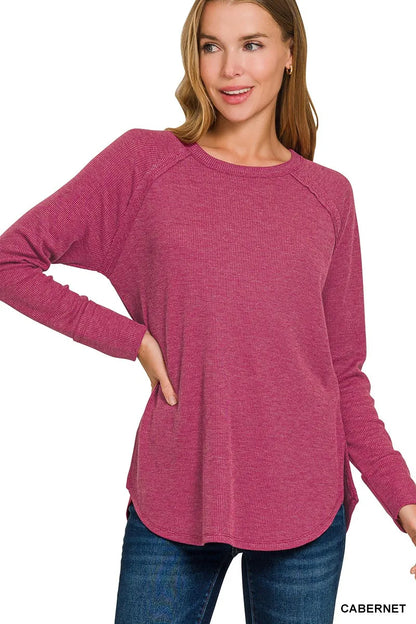 Pink Zenana baby waffle long sleeve top with a cozy, textured fabric and round neckline, perfect for casual wear.