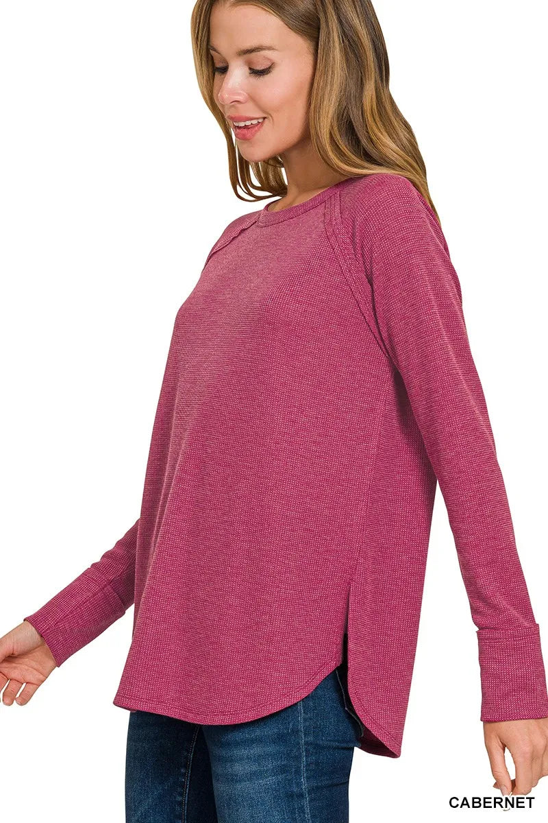 Zenana baby waffle long sleeve top in Cabernet color, soft fabric with a relaxed fit, perfect for casual wear.