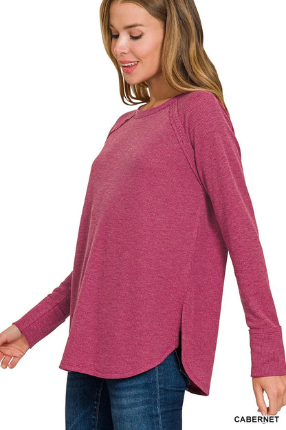 Zenana baby waffle long sleeve top in Cabernet color, soft fabric with a relaxed fit, perfect for casual wear.