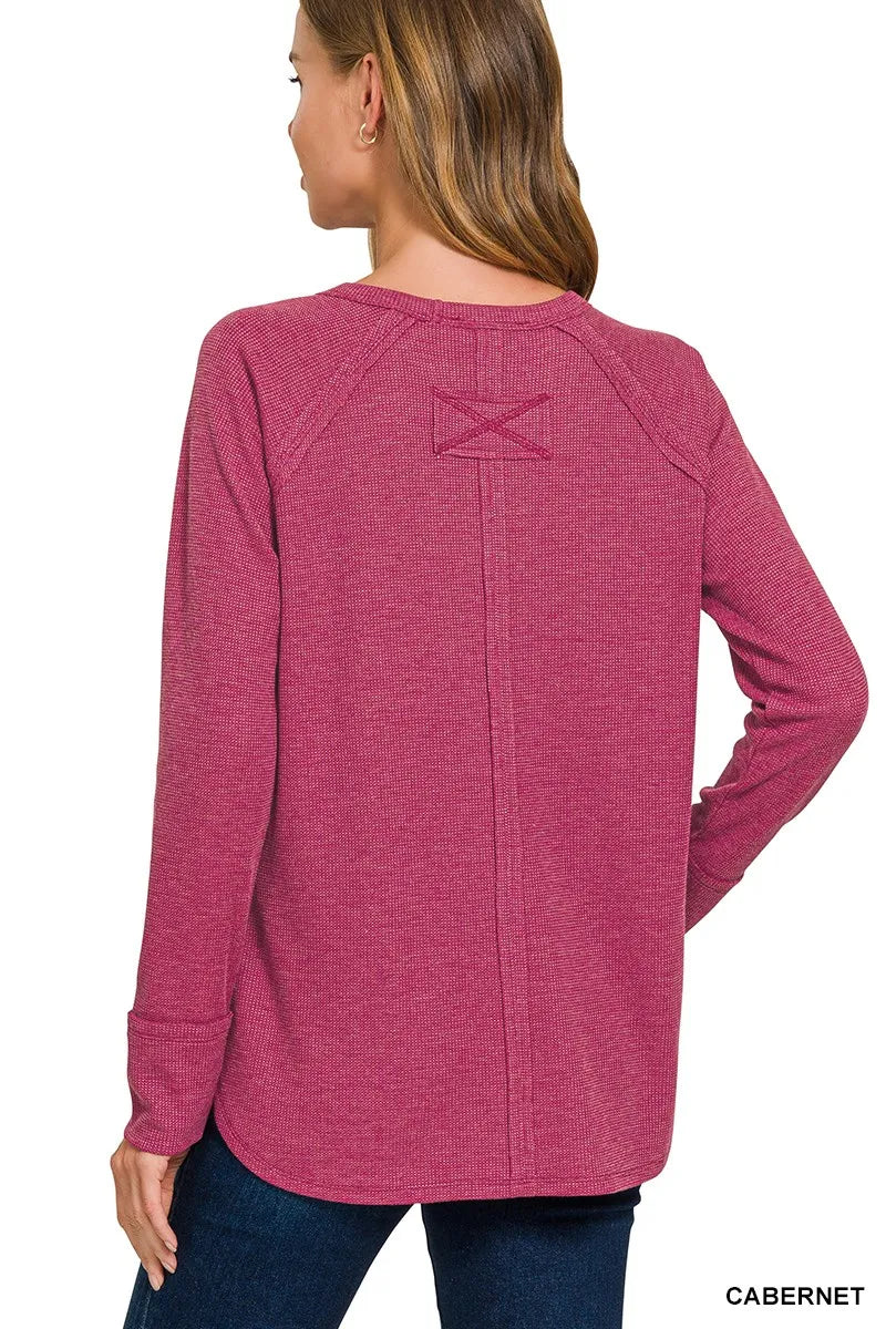 Trendsi Zenana baby waffle long sleeve top in Cabernet color, featuring a cozy, textured fabric and classic fit.