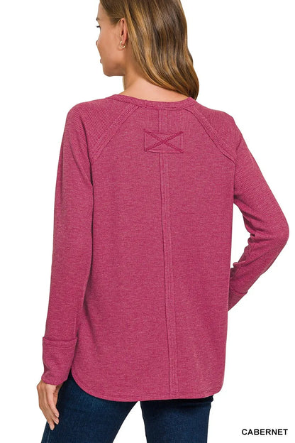 Trendsi Zenana baby waffle long sleeve top in Cabernet color, featuring a cozy, textured fabric and classic fit.