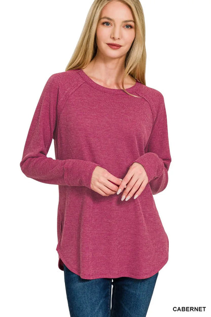 Trendsi Zenana baby waffle long sleeve top in Cabernet, soft fabric with a cozy, textured waffle pattern and round neckline.