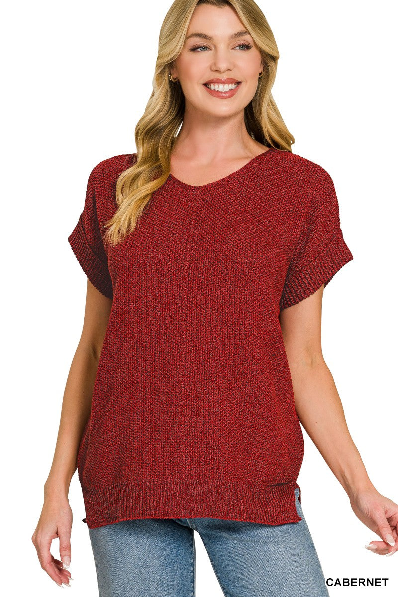 Trendsi Zenana Cabernet short sleeve sweater with center seam, lightweight knit, casual fit, and classic crew neckline.