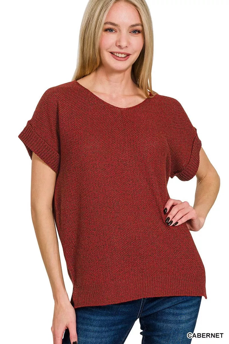 Trendsi Zenana Cabernet short sleeve sweater with center seam, lightweight knit, and casual fit, displayed on a neutral background.