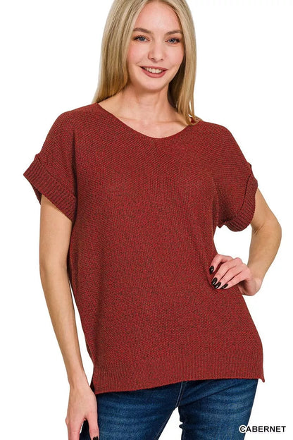 Trendsi Zenana Cabernet short sleeve sweater with center seam, lightweight knit, and casual fit, displayed on a neutral background.