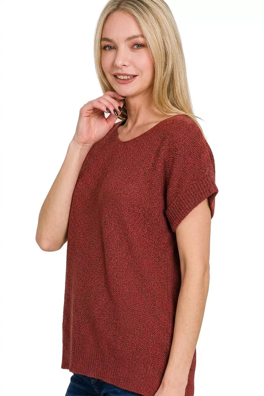 Cabernet Zenana short sleeve sweater with center seam, lightweight knit, casual style, featuring a round neckline and short sleeves.