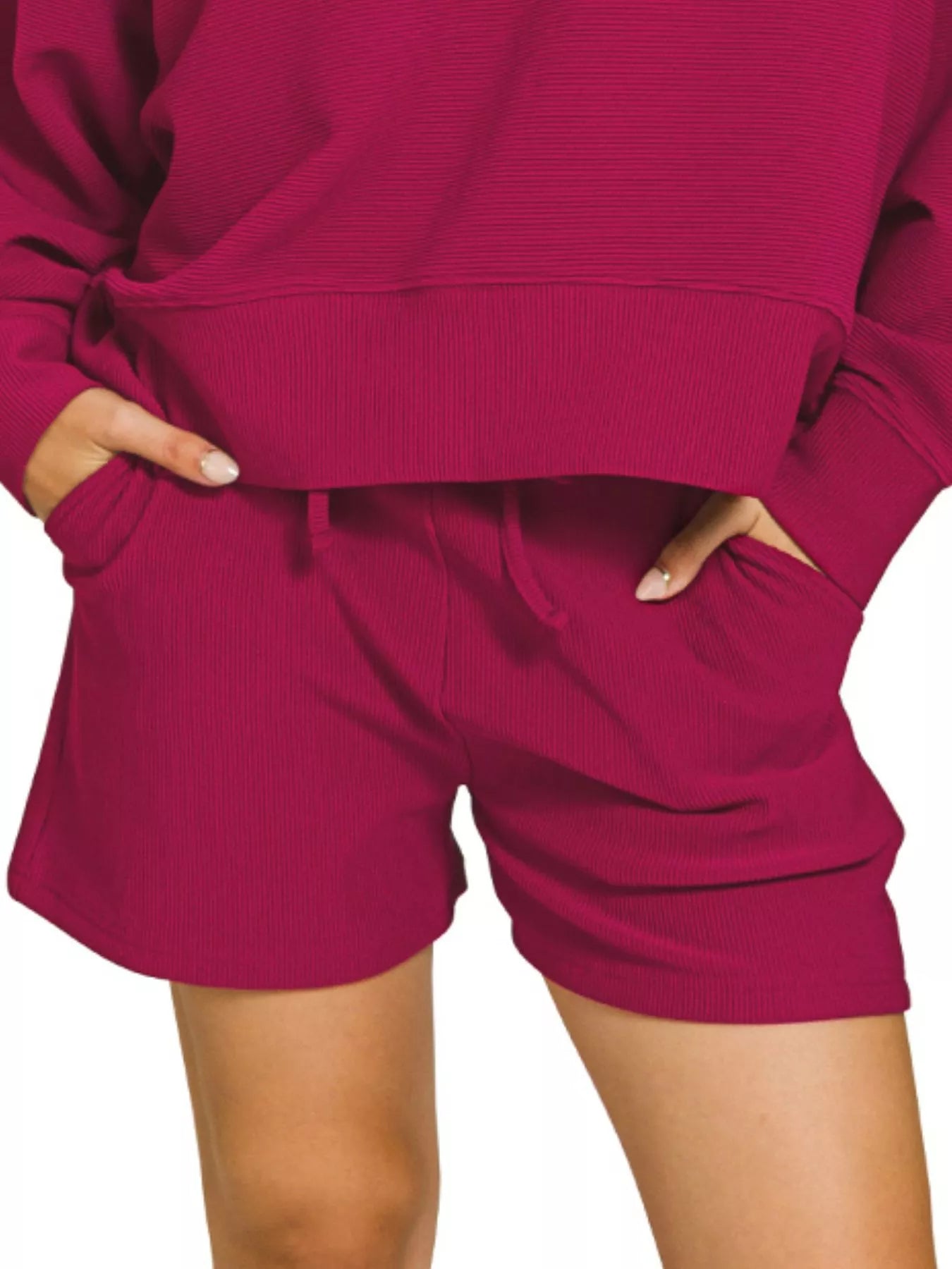 Zenana ribbed round neck pullover and shorts set in Cabernet color, casual loungewear from Trendsi.