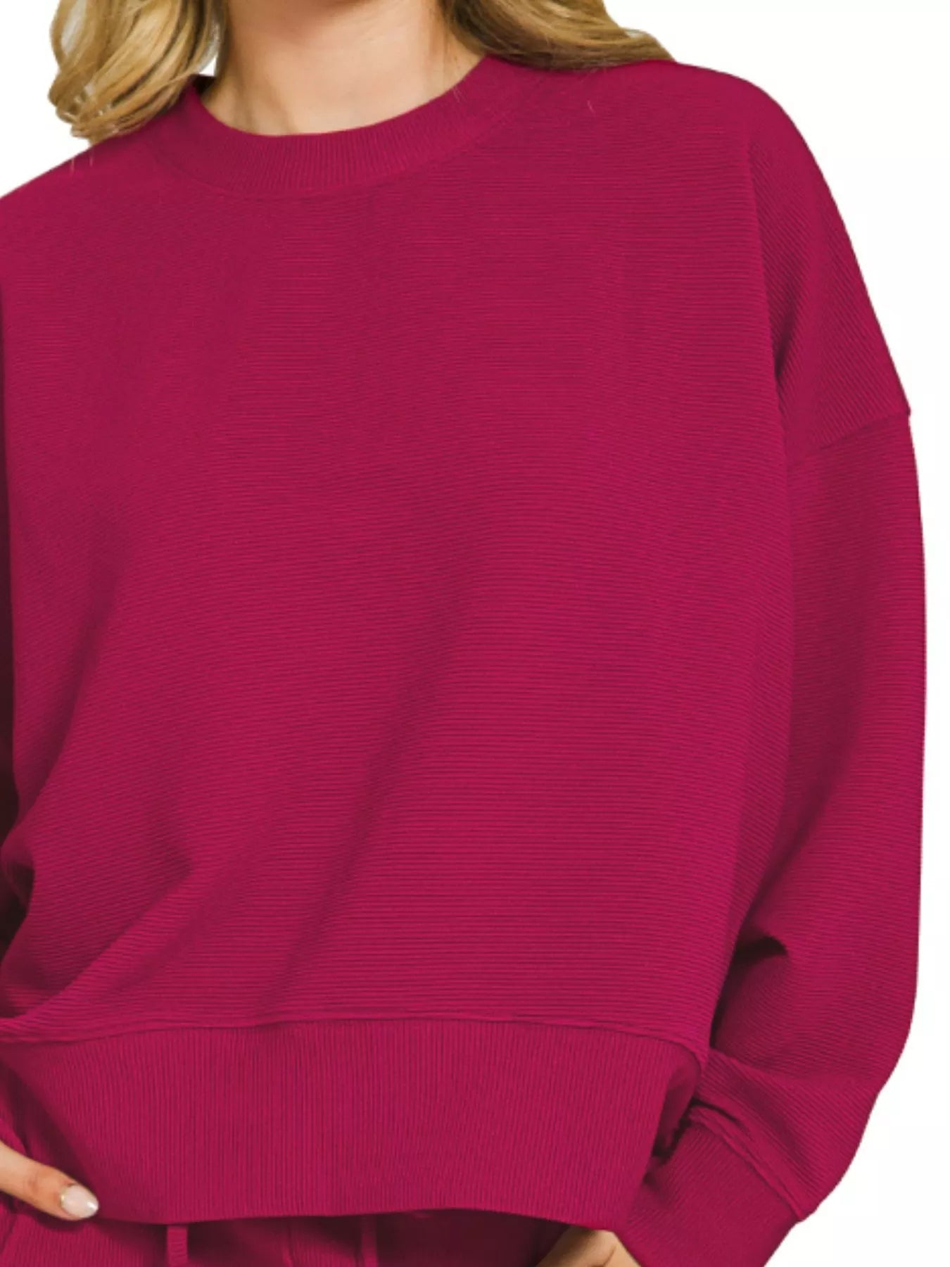 Zenana ribbed round neck pullover and shorts set in Cabernet color, casual loungewear for women, by Trendsi.