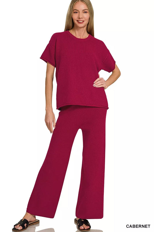 Zenana Viscose round neck top and pants set in Cabernet, casual matching outfit by Trendsi, soft and comfortable fabric.