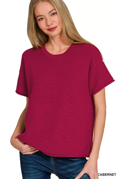 Zenana Viscose round neck top and pants set in Cabernet color, stylish and comfortable casual wear from Trendsi.