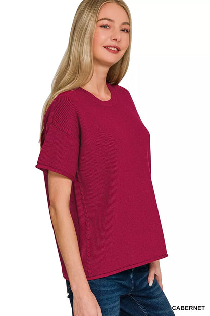 Zenana Viscose round neck top and pants set in Cabernet color, stylish and comfortable loungewear by Trendsi.