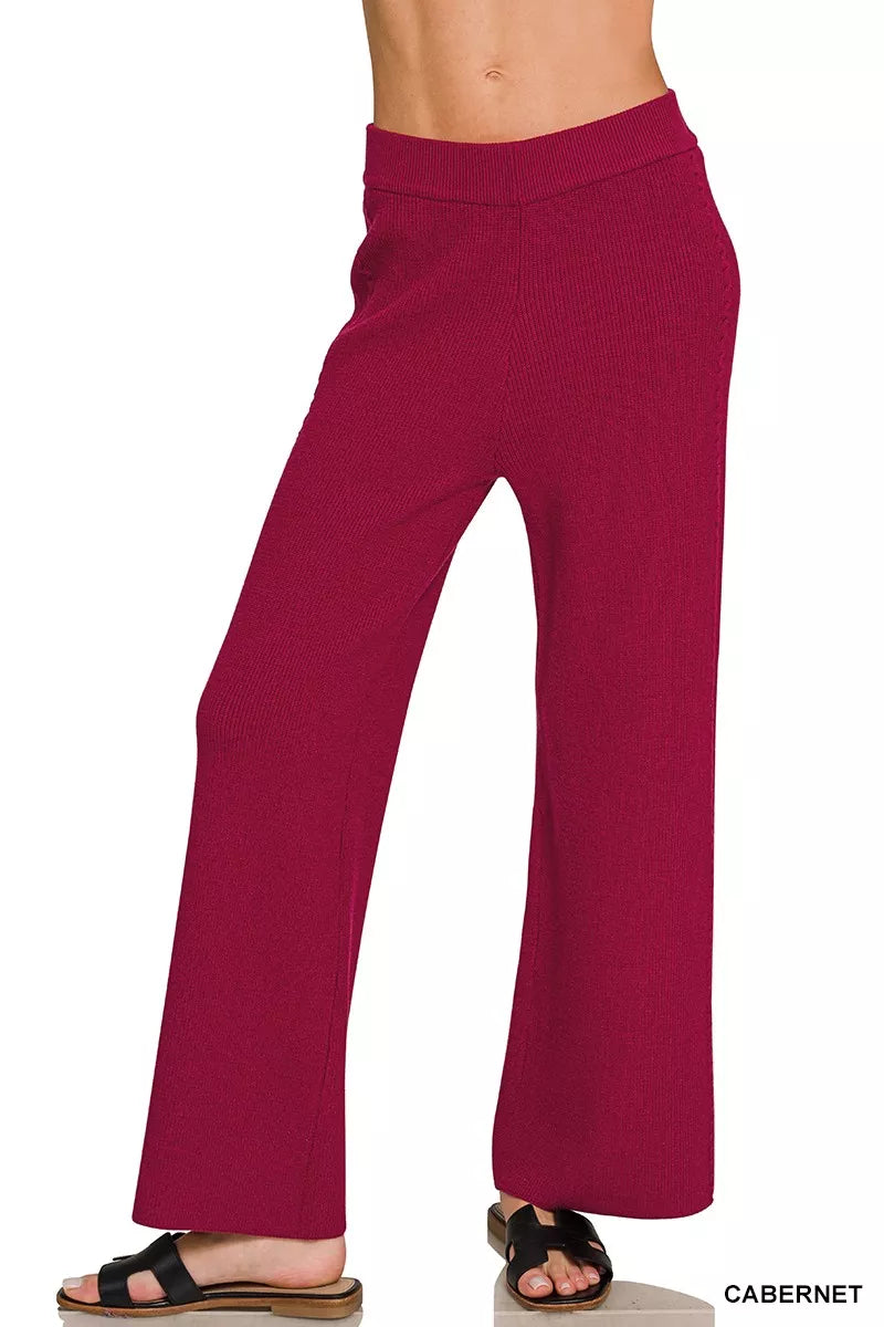 Zenana viscose round neck top and pants set in Cabernet color, casual loungewear with comfortable fit and stylish design.