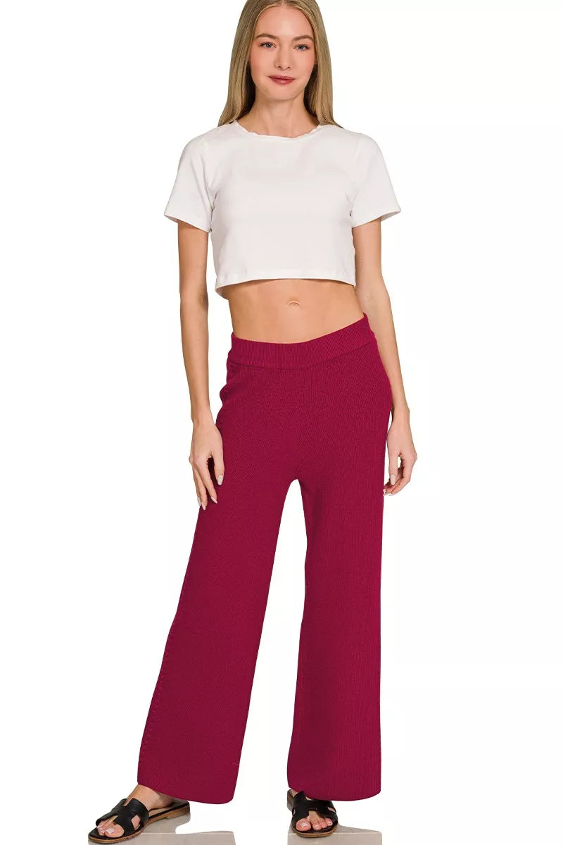 Zenana Viscose round neck top and pants set in Cabernet color, casual stylish loungewear from Trendsi