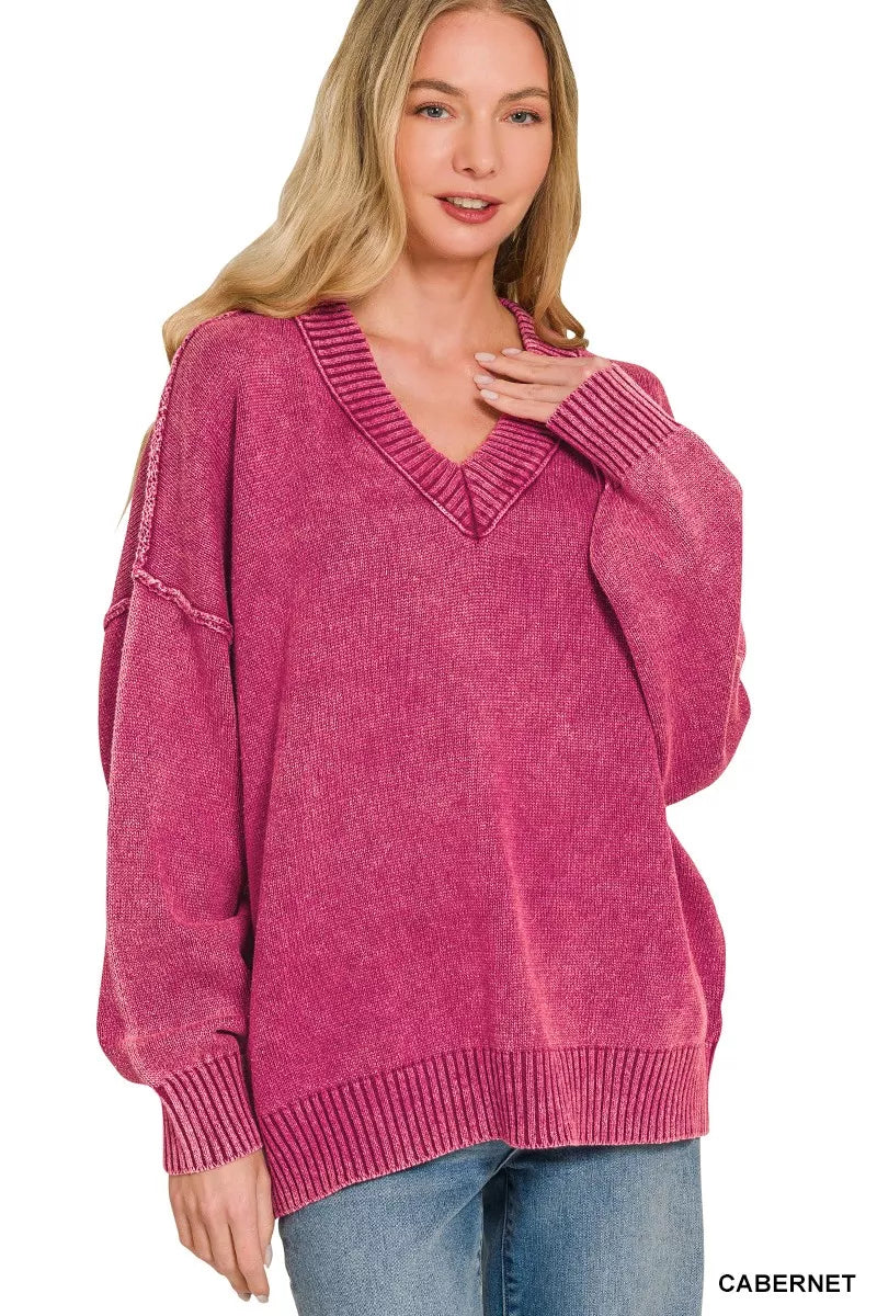 Deep V-neck oversized sweater by Zenana in washed fabric, shown in Cabernet color with relaxed fit and cozy style.