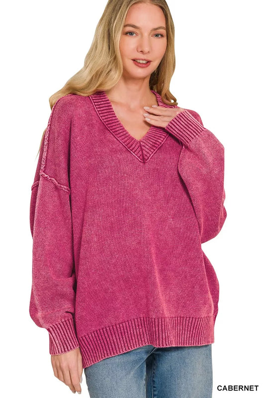 Deep V-neck oversized sweater by Zenana in washed fabric, shown in Cabernet color with relaxed fit and cozy style.