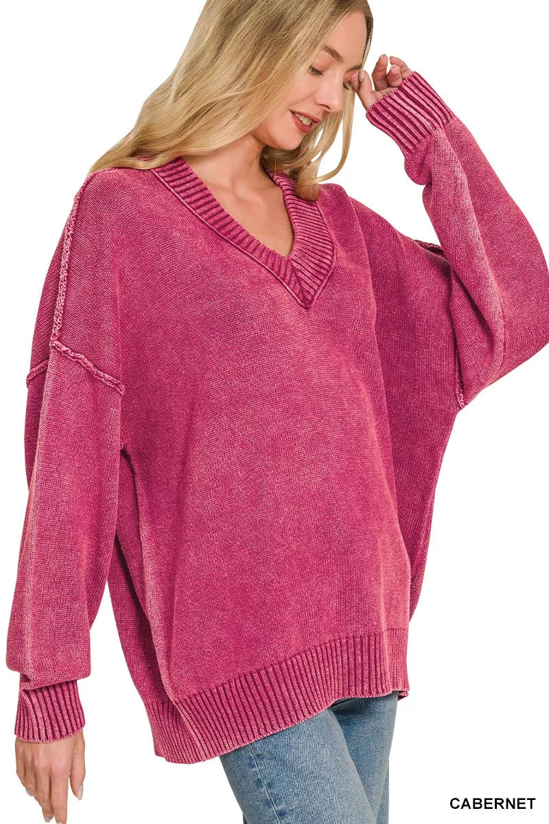 Deep V-neck oversized sweater by Zenana in washed fabric, shown in Cabernet color with relaxed fit and cozy style.