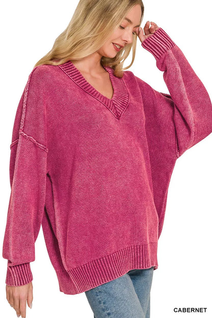 Deep V-neck oversized sweater by Zenana in washed fabric, shown in Cabernet color with relaxed fit and cozy style.