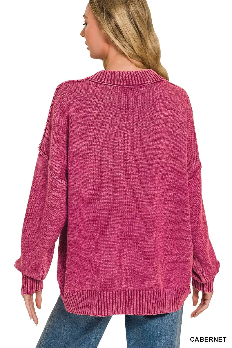 Deep V-neck oversized sweater by Zenana in washed Cabernet color, featuring a relaxed fit and soft fabric.