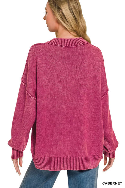 Deep V-neck oversized sweater by Zenana in washed Cabernet color, featuring a relaxed fit and soft fabric.