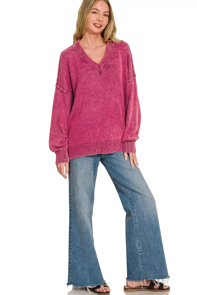 Deep V-neck oversized sweater by Zenana in washed Cabernet color, featuring a relaxed fit and soft knit fabric.