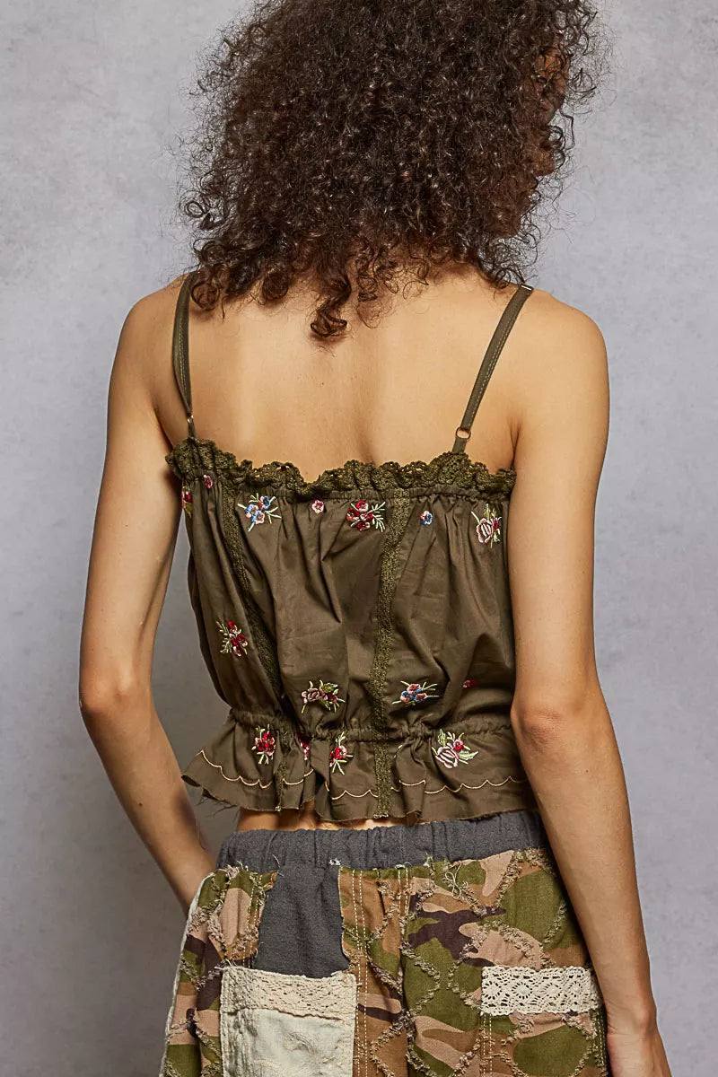Trendsi POL floral embroidered cropped cami with lace detail, featuring button-down front and colorful floral pattern.