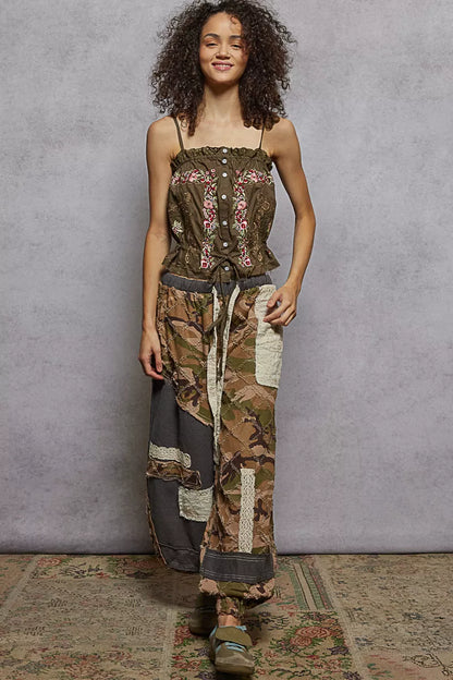 Trendsi POL button-down floral embroidered cropped cami with lace detail, featuring colorful floral embroidery and delicate lace accents.