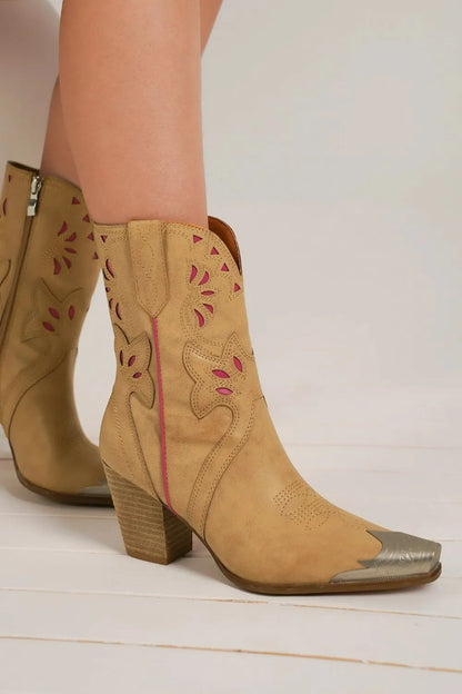 Camel Beast Fashion cut-out floral embroidery boots with intricate embroidery and stylish cut-out details, by Trendsi.